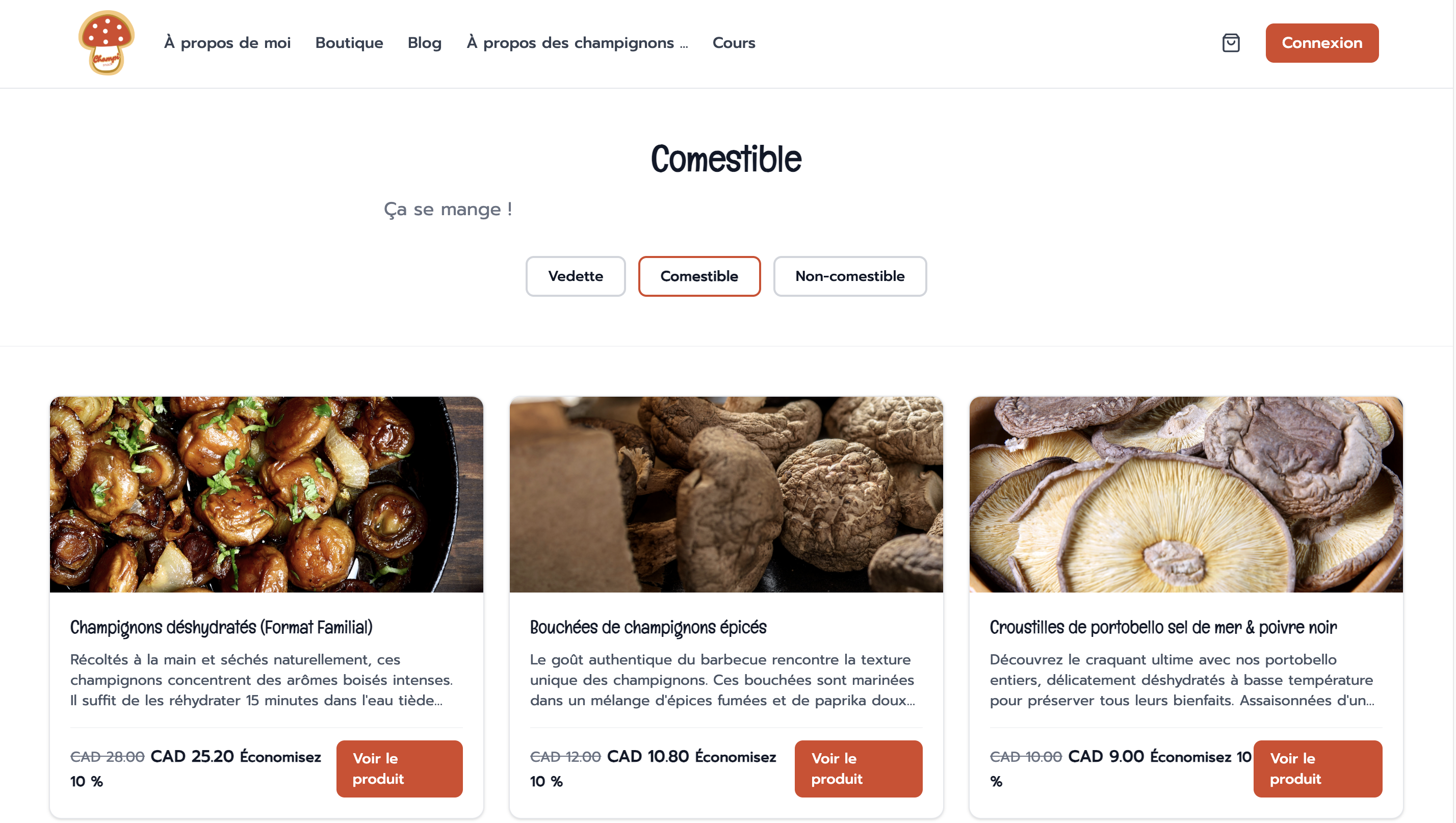 Boutique en ligne créée avec Parle présentant des produits à base de champignons, des filtres par catégorie et des prix en promotion en dollars canadiens