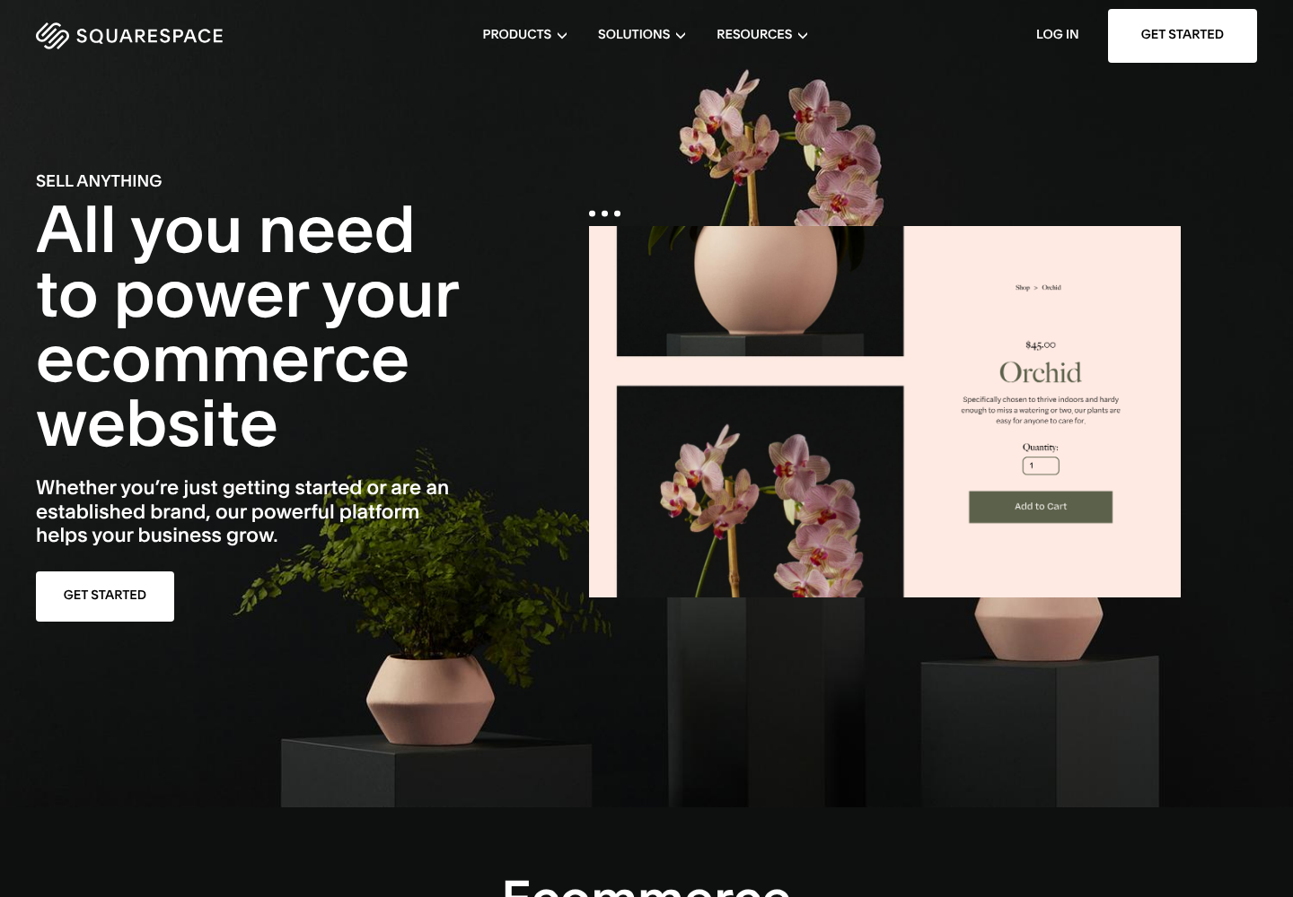 Page publique de Squarespace présentant la création de boutiques en ligne