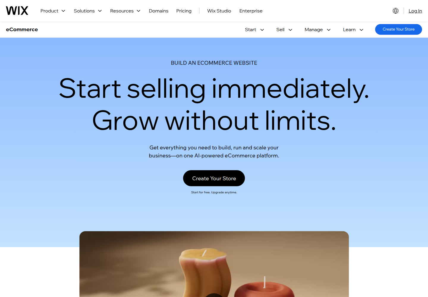 Page publique de Wix présentant son constructeur de boutique en ligne