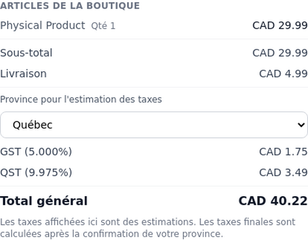 Résumé du panier Parle avec le Québec sélectionné et les taxes GST et QST calculées automatiquement