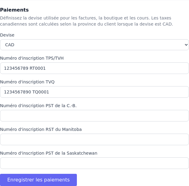 Configuration des numéros de taxes TPS/TVH et TVQ dans les paramètres de paiements de Parle