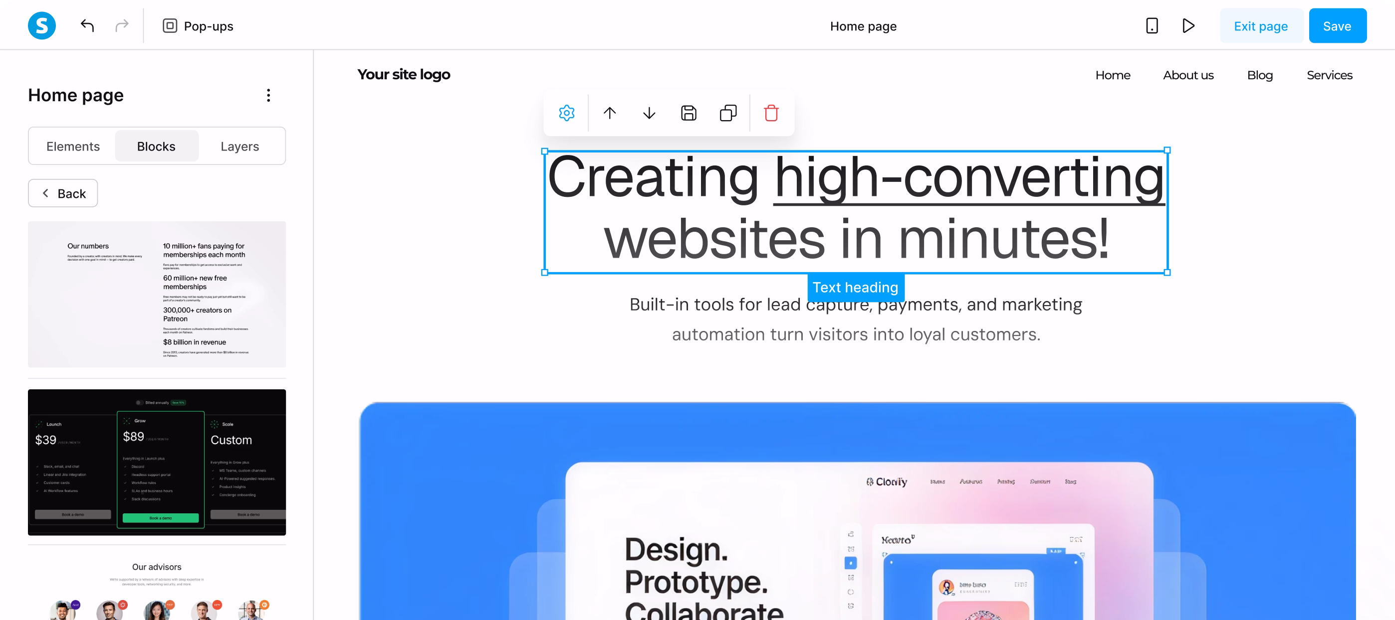 Éditeur de pages de systeme.io avec ses blocs de contenu
