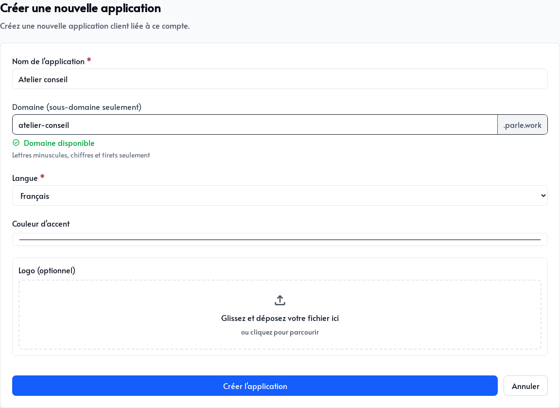 Formulaire de création d&rsquo;une application