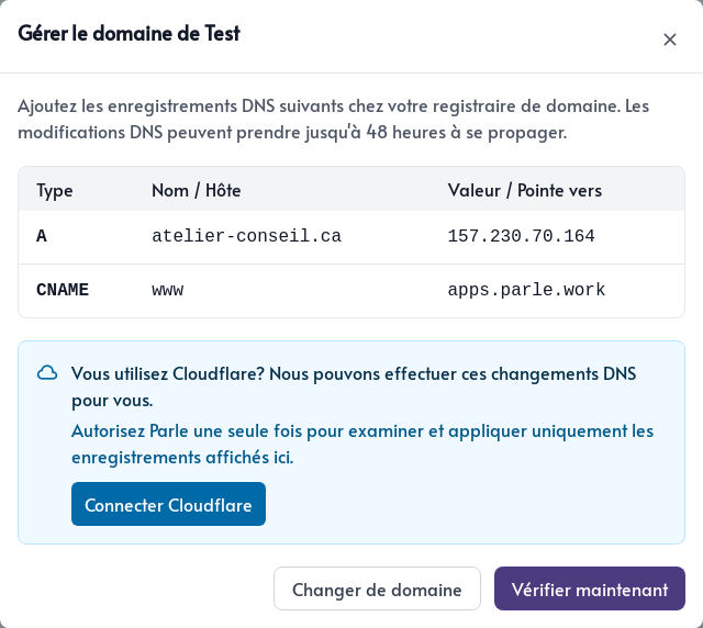Configuration d&rsquo;un domaine avec l&rsquo;option Cloudflare