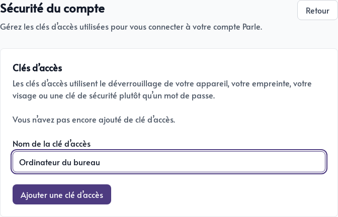 Ajout d&rsquo;une clé d&rsquo;accès au compte