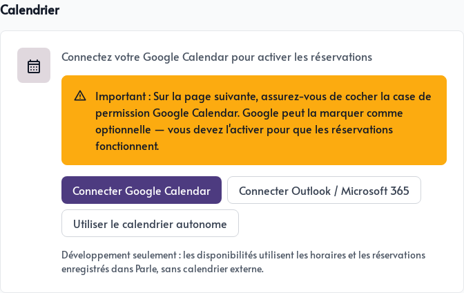 Choix du calendrier à connecter