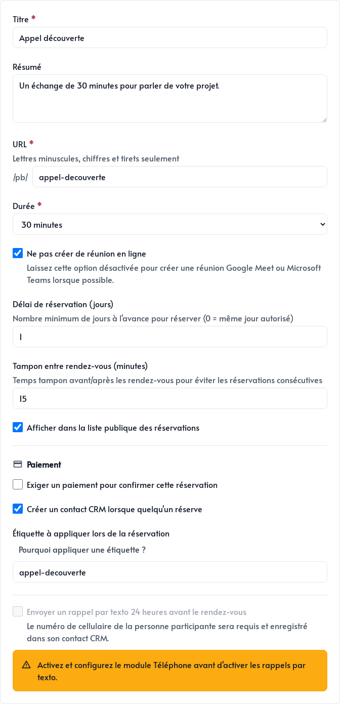 Détails d&rsquo;une page de réservation