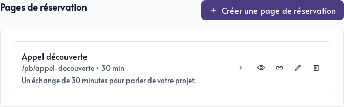Liste des pages de réservation