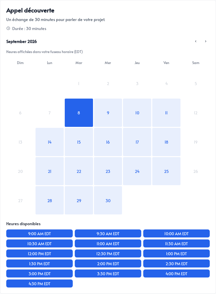 Dates et heures disponibles pour un rendez-vous