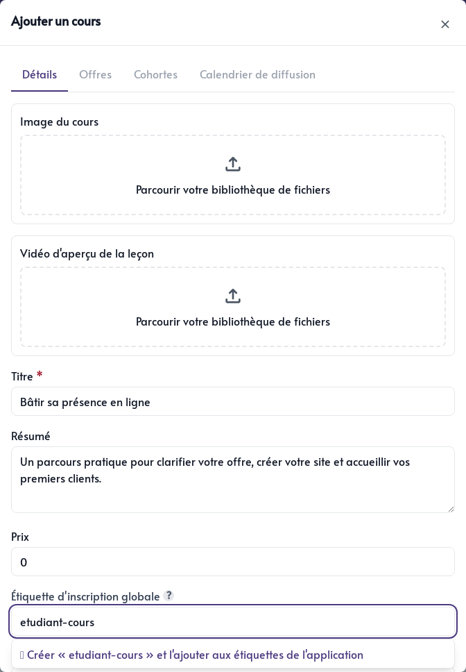 Formulaire de création d’un cours