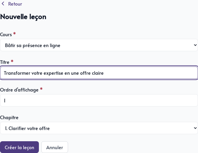 Formulaire de création d&rsquo;une leçon