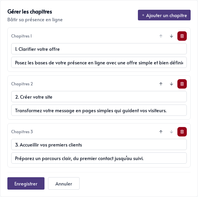 Gestion et classement des chapitres