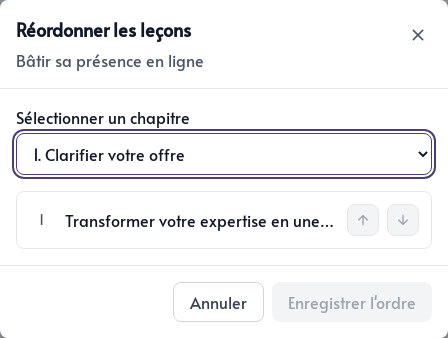 Fenêtre de réorganisation des leçons