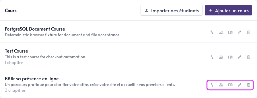 Liste des cours dans les paramètres