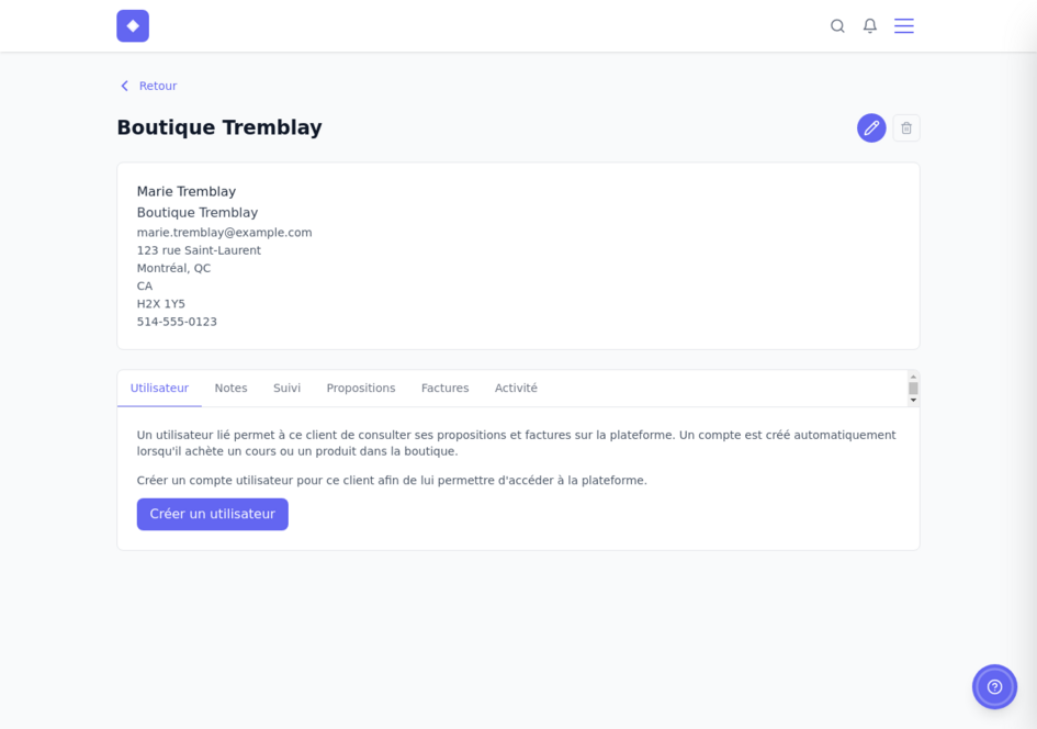 Page de détail d’un contact avec ses informations et ses onglets