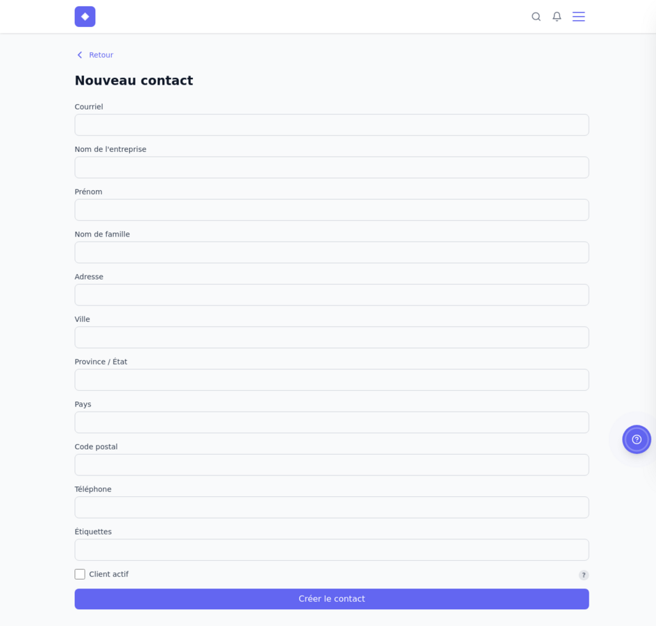Formulaire de création d’un nouveau contact