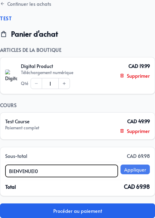 Panier contenant un produit et un cours