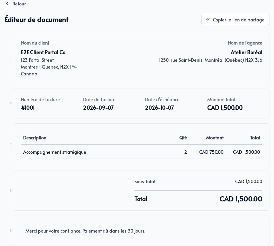 Éditeur du document de facturation
