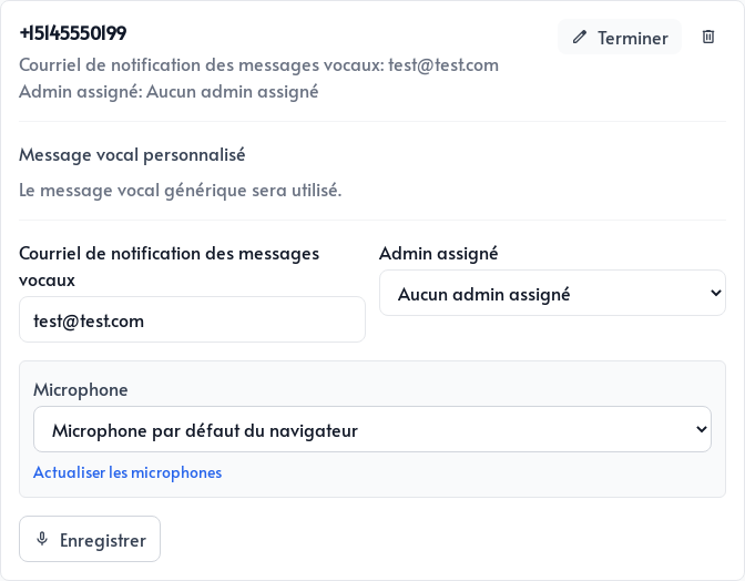 Réglages du message vocal d&rsquo;une destination