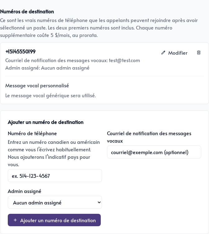 Destination mobile utilisée pour recevoir les appels