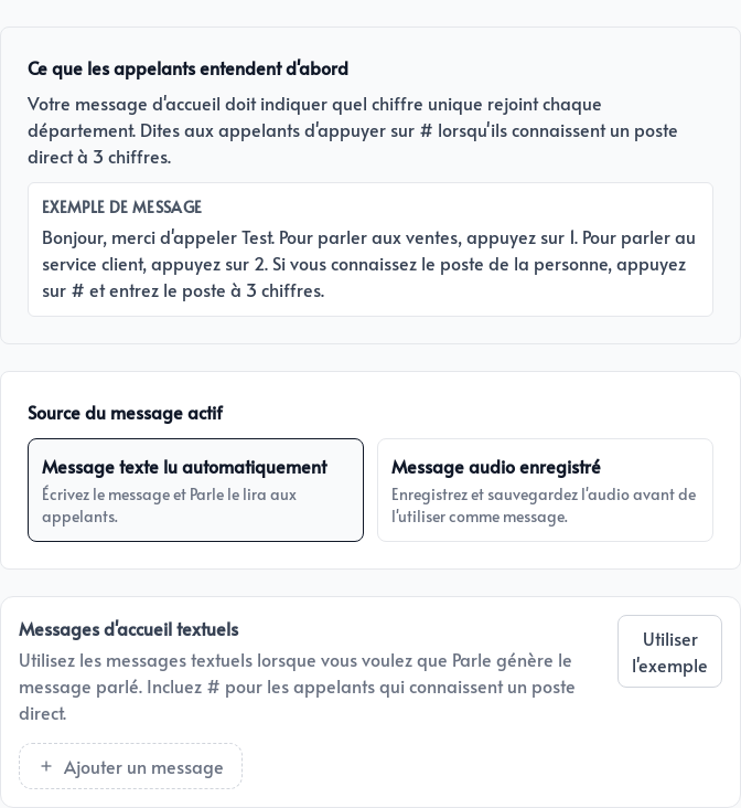 Configuration du message d&rsquo;accueil textuel