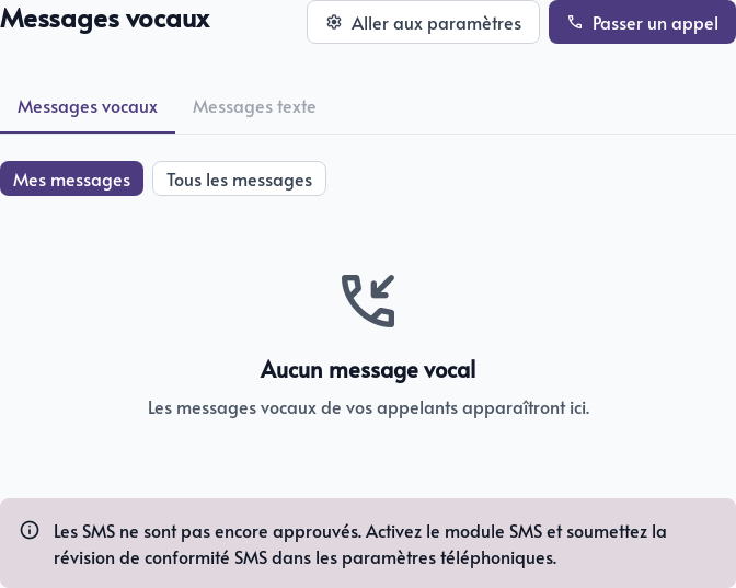 Boîte de réception du système téléphonique