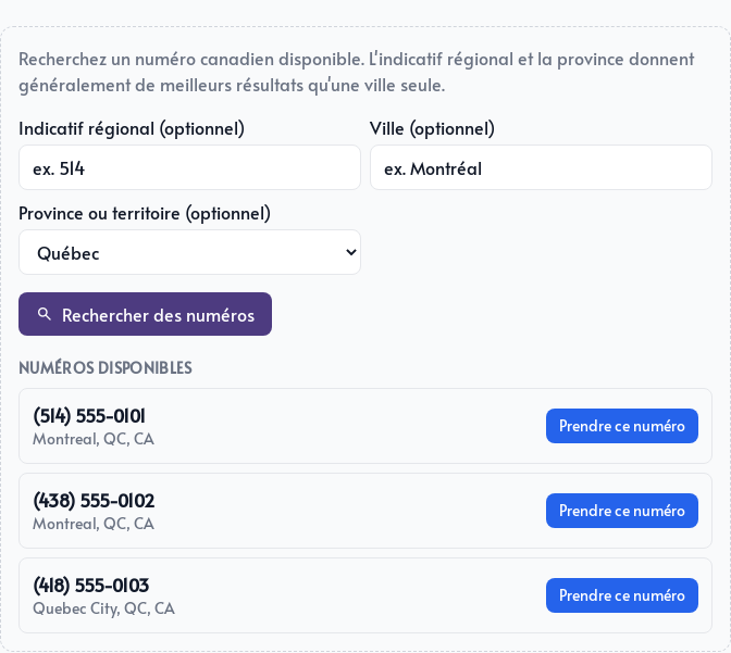 Recherche de numéros disponibles au Québec