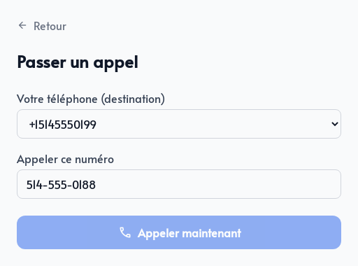 Formulaire pour passer un appel