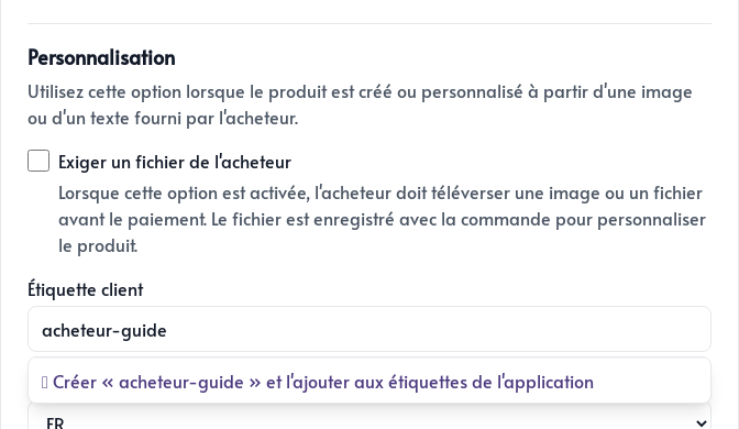 Personnalisation, étiquette et langue du produit