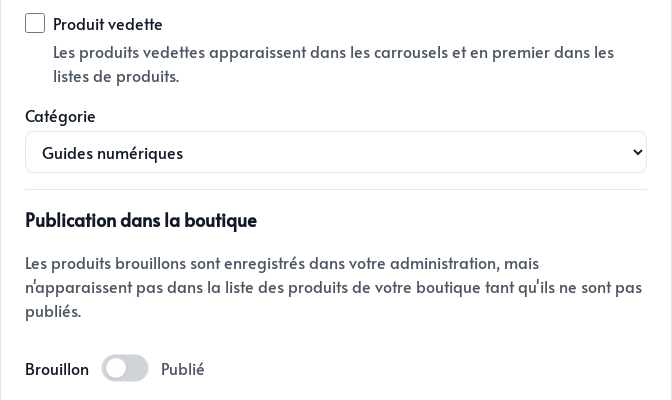 Catégorie et publication du produit