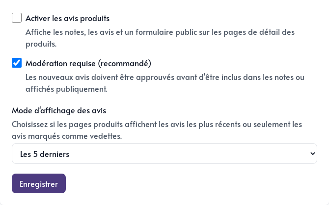 Paramètres des avis produits
