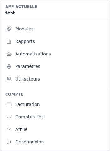 Menu de l&rsquo;app avec le lien Paramètres