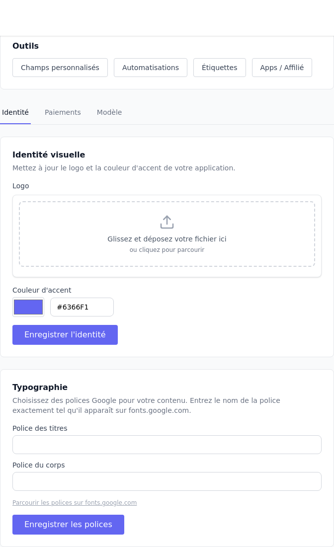 Page des paramètres avec l&rsquo;onglet Paiements