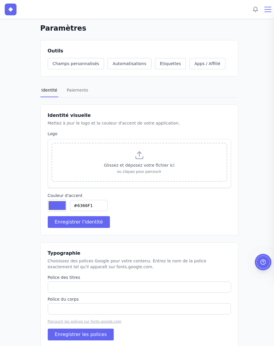 Paramètres de l’application – section Identité et Typographie
