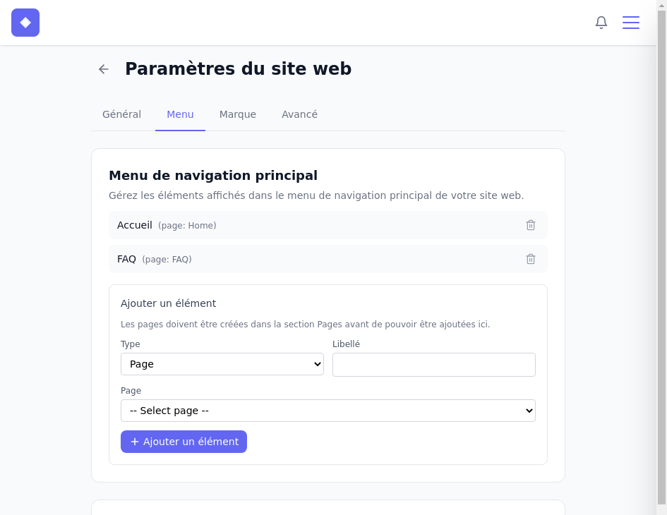 Onglet Menu – section navigation principale avec des liens ajoutés