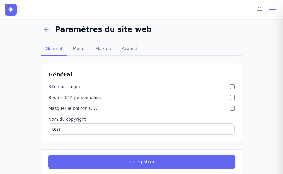 Page des paramètres du site web – onglet Général