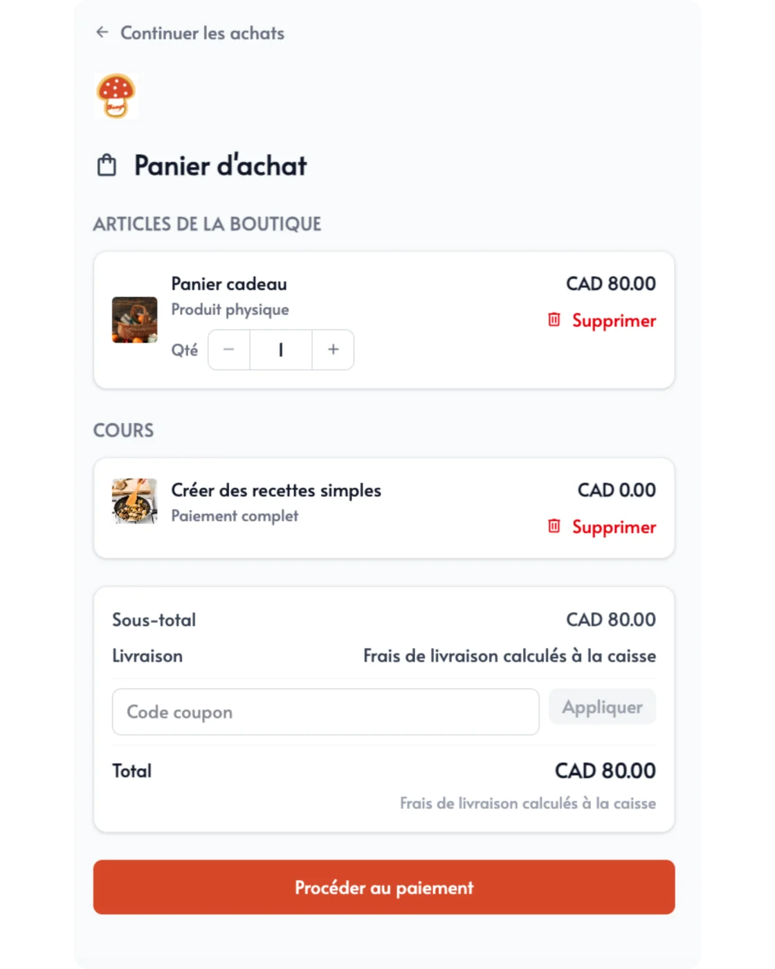 Panier Parle regroupant un produit et un cours